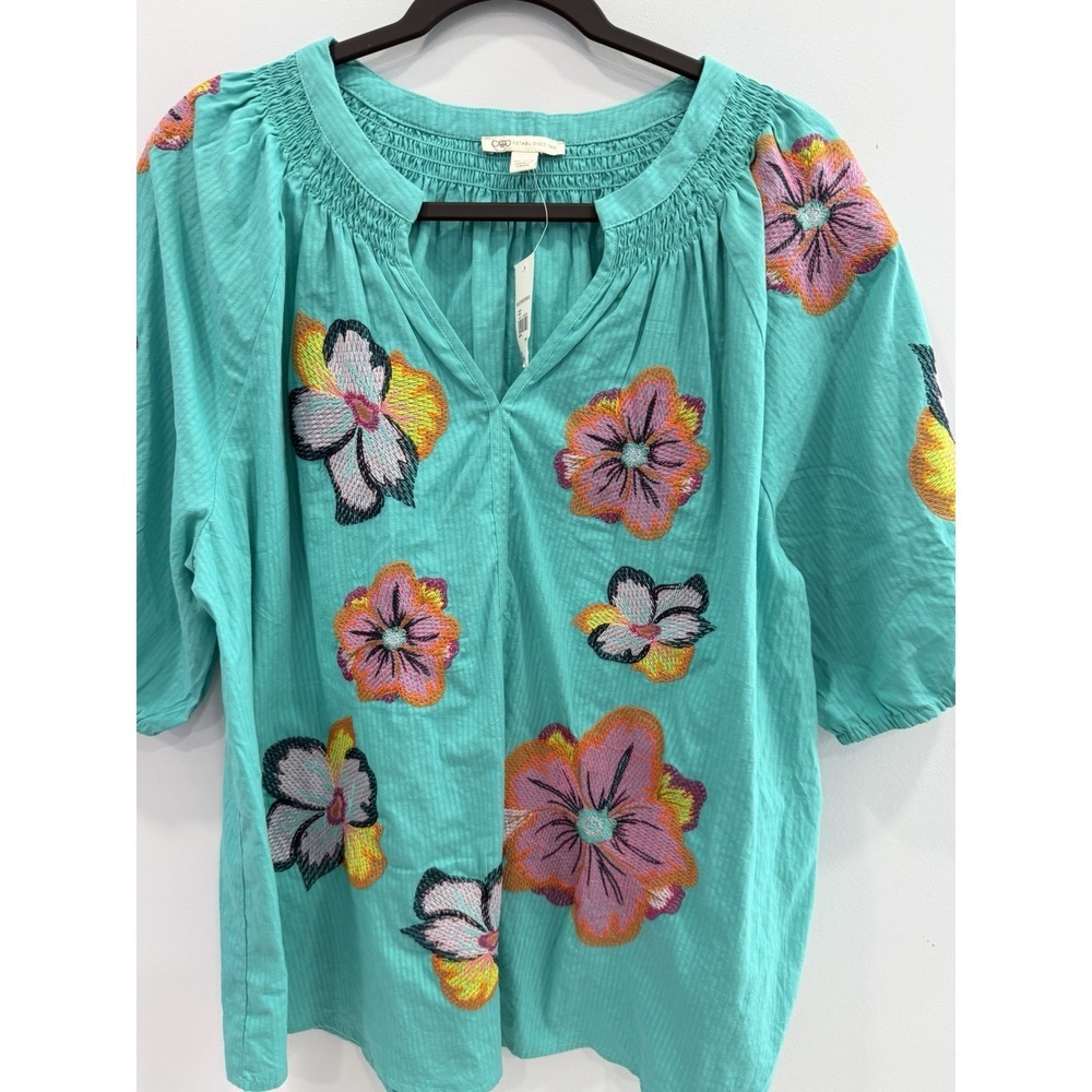 Cato Floral Embroidered Blouse 18/20W Aqua Cotton Split Neck Boho NWT Plus - Picture 4 of 9